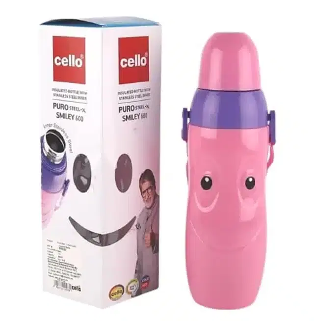 Cello Puro Smiley Insulation Water Bottle, Pink, 600 ml