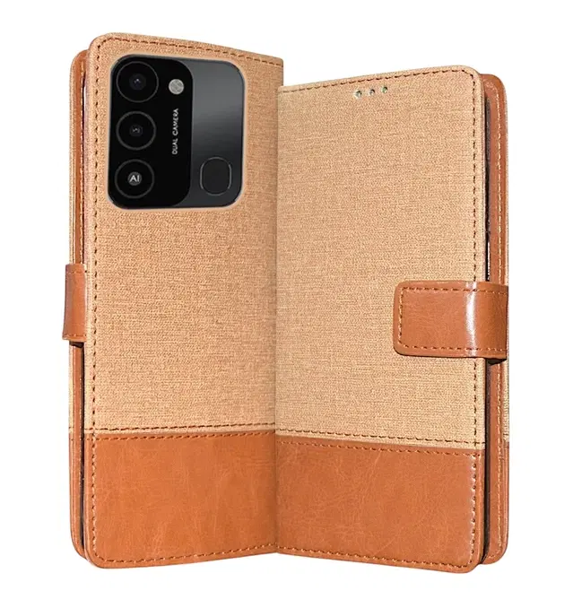 Artificial Leather Mobile Flip Cover for Tecno Kg5K / Spark 8C, Brown