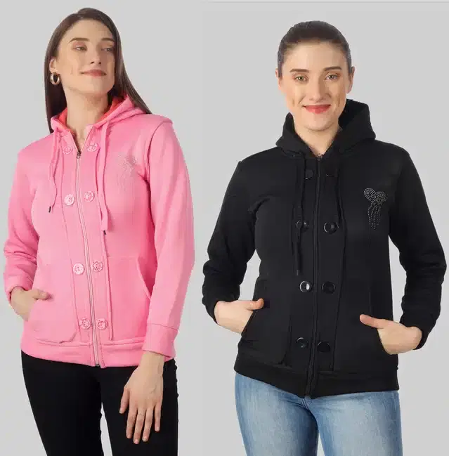 Full Sleeves Hooded Sweatshirt for Women, Pack of 2 (Pink & Black, L)