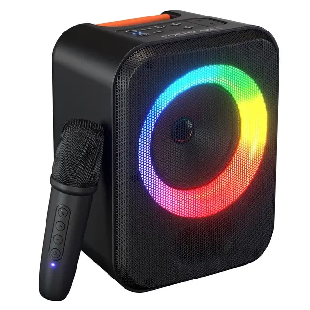 Portronics 30w Apollo 30 Wireless Bluetooth Portable Speaker With Wireless Karaoke Mic, Echo Control, 5 Hour Playtime, Rgb Led Light, Bluetooth V5.4, Easy Grab Handle, Usb In, Type C Charging(Black)