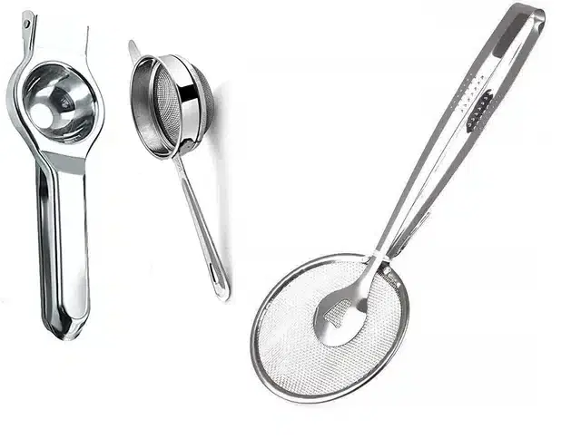 Stainless Steel Lemon Squeezer with Tea Strainer & Snack Spoon, Silver, Set of 3