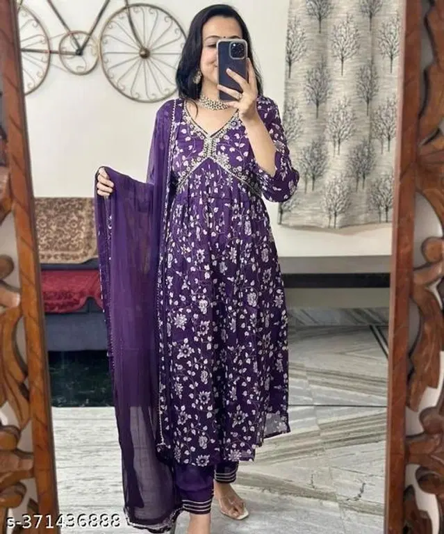 Rayon Printed Kurta with Pant & Dupatta for Women (Purple, S)