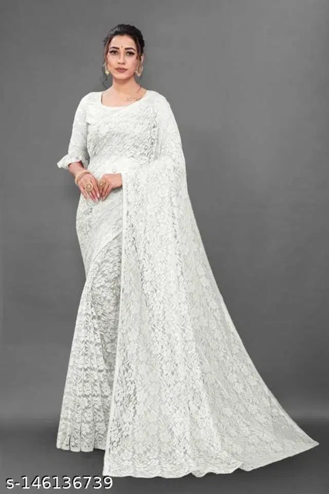 Net Self-Design Saree for Women (White, 6.3 m)
