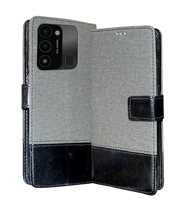 Artificial Leather Mobile Flip Cover for Tecno Kg5H / Spark Go 2022, Grey