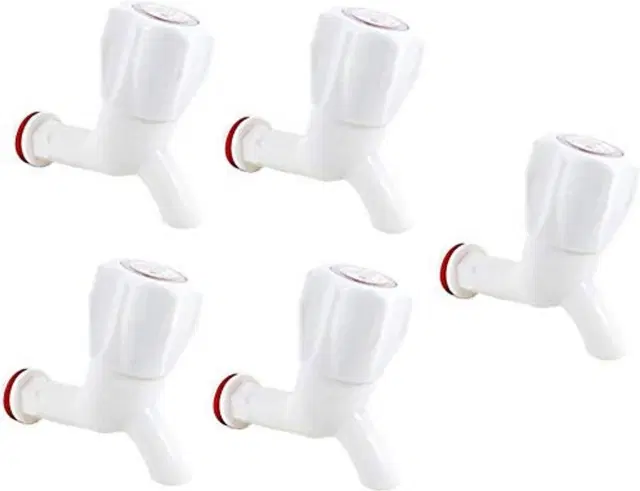 Plastic Short Body Bib Cock Tap with Wall Flange, White, Set of 5