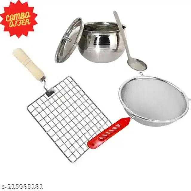 Stainless Steel BBQ Grill with Soup Strainer & Oil Container Pot, Red & Silver, Set of 3