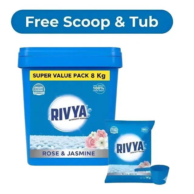 Rivya Rose & Jasmine Detergent Powder 8Kg (Free Tub & Scoop)