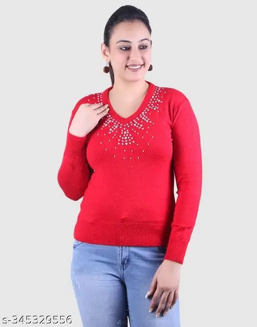 Acrylic Embellished Sweater for Women (Red, M)