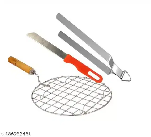 Metal BBQ Grill with Kitchen Knife & Cooking Tong, Red & Silver, Set of 3