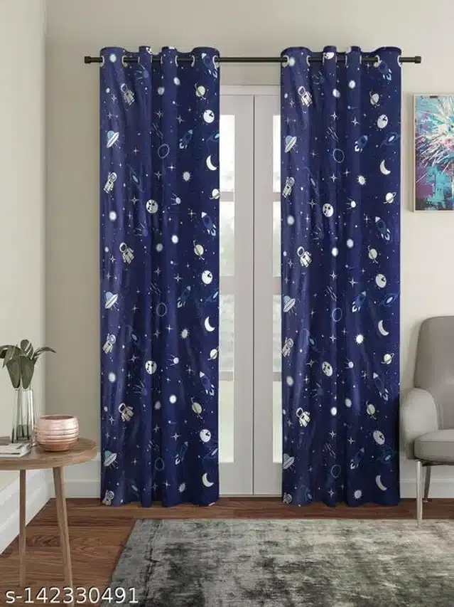 Polyester Window Curtain, Navy Blue, 5 Feet, Pack of 2
