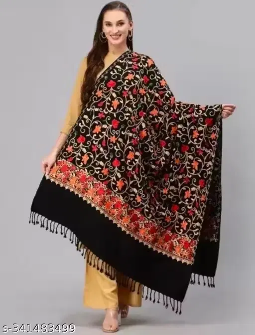 Woollen Embroidery Shawl For Women, Black