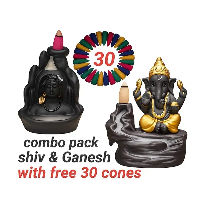 Resin Combo of Ganesh ji & Mahadev Idol with 50 Backflow Incense Cones, Black & Brown, Set of 2
