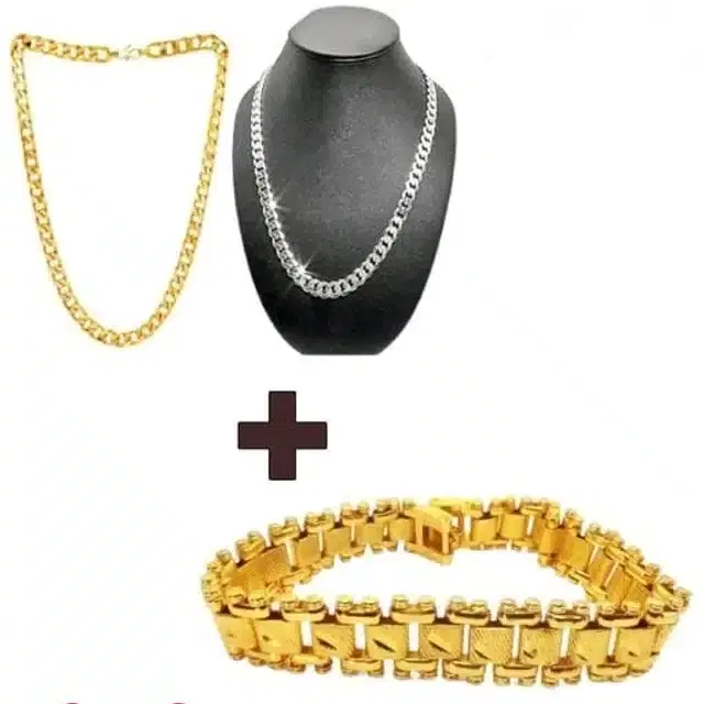 Designer 2 Pcs Chain with Bracelet for Men & Boys, Set of 2 (Gold & Silver)