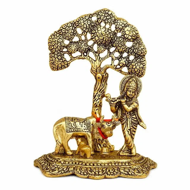 Metal Krishna With Cow Under Tree