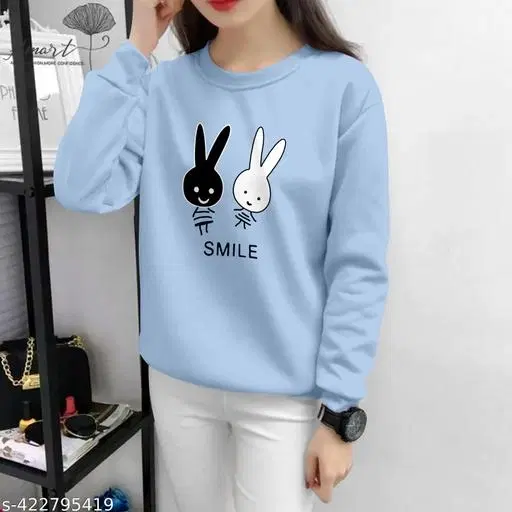 Cotton Blend Printed Sweatshirt for Women (Sky Blue, XS)
