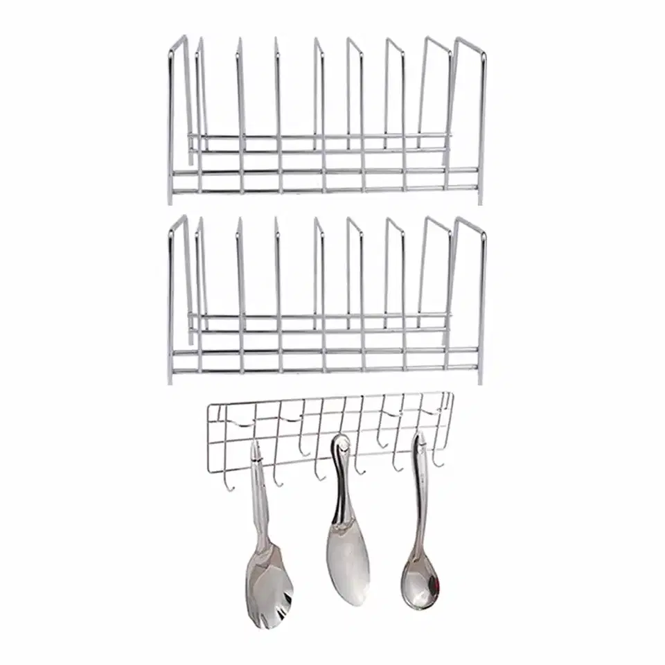 Oc9 Stainless Steel Plate Stand & Wall Mounted Ladle Hook Rail For Kitchen, Pack Of 2, Oc-245