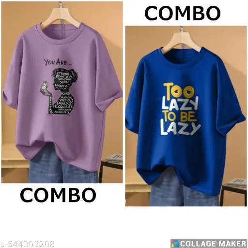 Cotton Blend Printed T-Shirt for Women, Blue & Purple, Pack of 2 (L)