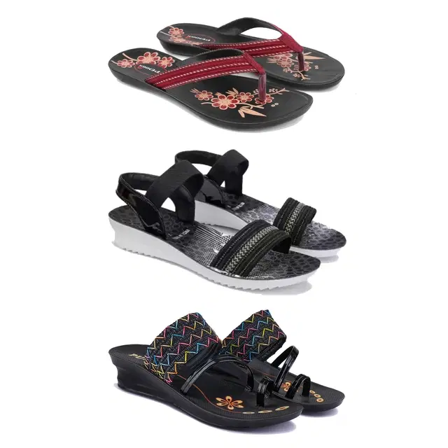 Flats with Heels & Sandals for Women, Set of 3 (Multicolor, 5)