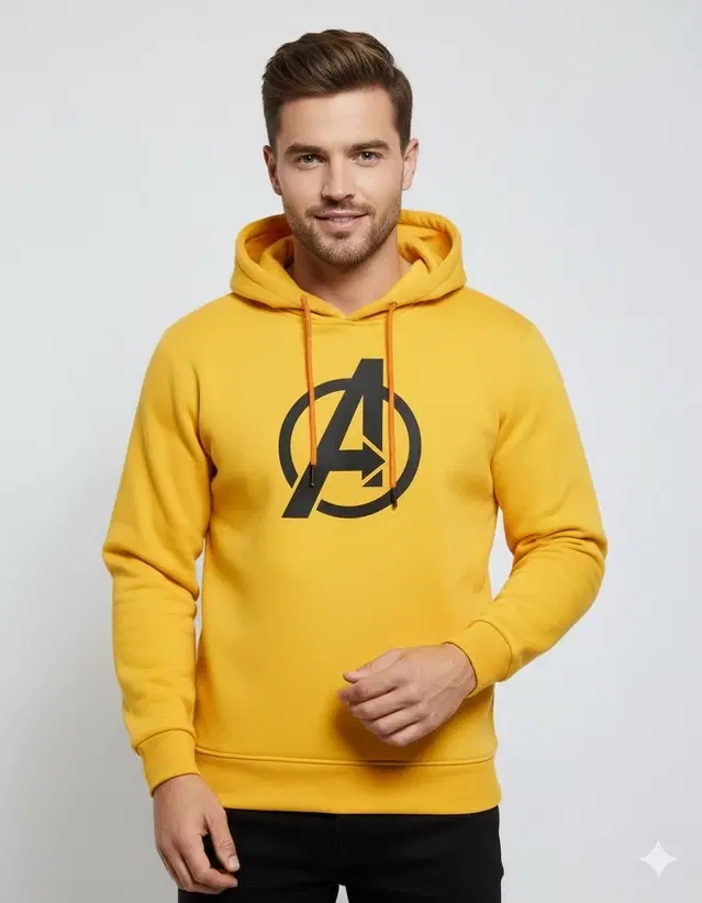 Fleece Printed Hoodie for Men, Yellow (M)