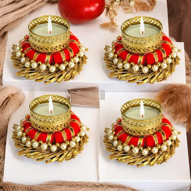Metal Designer Tealight Candle Holder, Red, 8.5x8.5x3.5 cm, Pack of 4