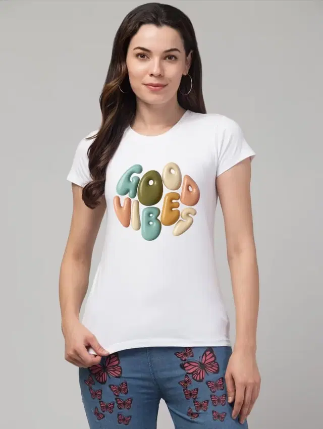 Cotton Blend Printed T-shirt for Women, White (S)
