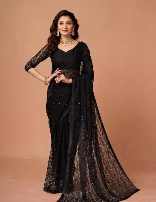 Net Solid Saree for Women (Black, 6.3 m)