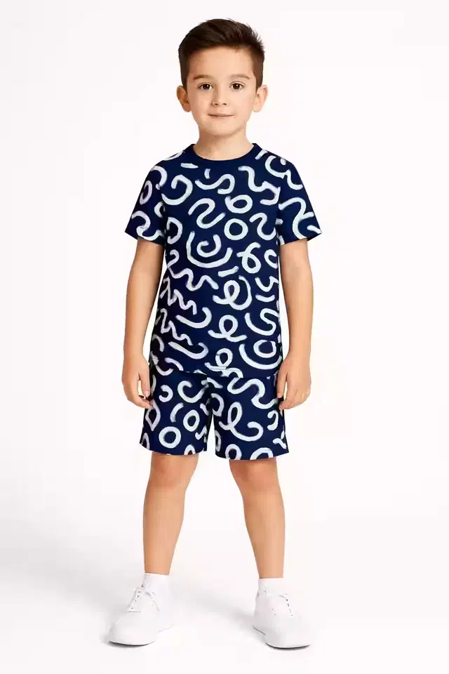 Cotton Geometric Print Clothing Set for Boys, Navy Blue (8-9 Years)