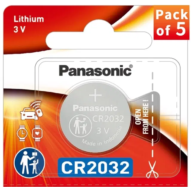 Panasonic CR-2032/5BE Lithium Coin Battery, Multicolor -, Pack of 5