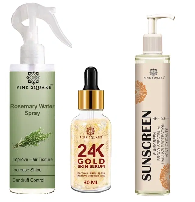 Pink Square Rosemary Hair Spray, 100 ml with 24K Gold Facial Serum, 30 ml & Spf Sunscreen Lotion, 100 ml, Set of 3