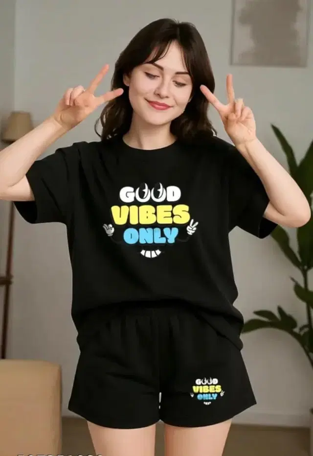 Cotton Blend Printed Top & Bottom Set for Women, Black (XS)