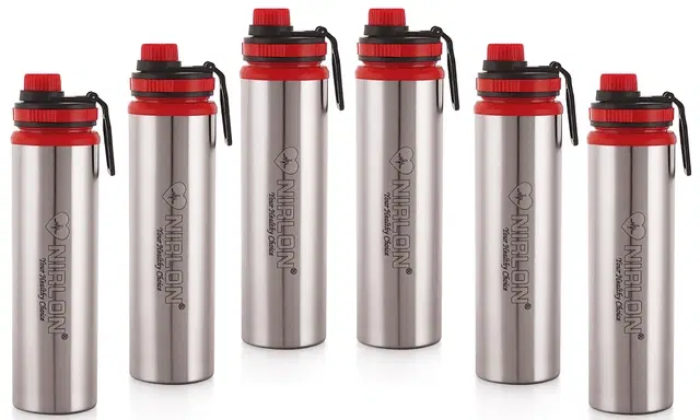 Nirlon Eco Star Stainless Steel Water Bottle 900Ml, Water Sipper Bottles For Fridge, School,Gym,Home,Office,Boys, Girls, Kids, Leak Proof(Red Colour | Set Of 6)