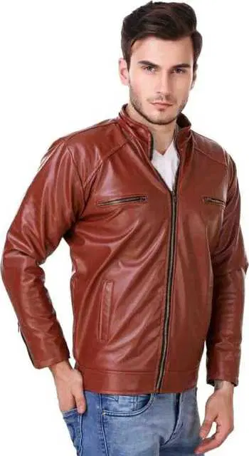 Stylish PU Leather Long Sleeve Jacket for Men (Brown, M) (A-13)