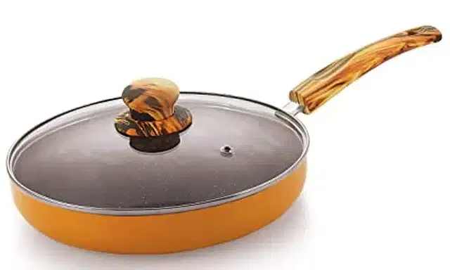 Non Stick Aluminium Fry Pan with Glass Lid, Yellow, 24 cm