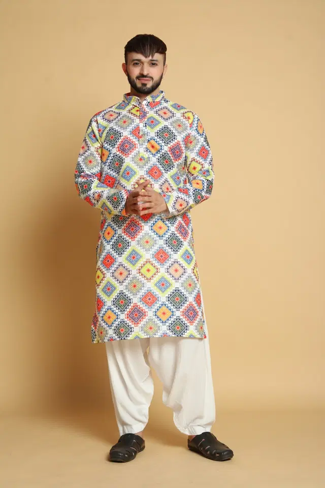 Cotton Blend Self-Design Kurta for Men, Multicolor (L)