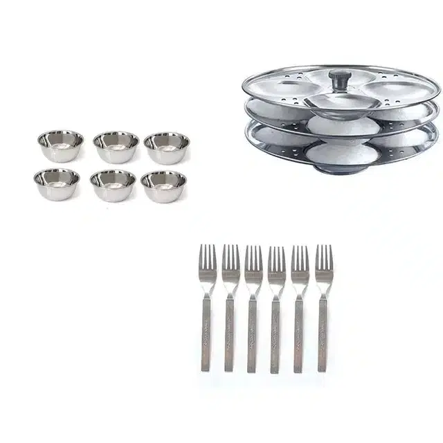 Stainless Steel 6 Chatni Katori,6 Steel fork & Idli Making Stand of 3 Plates, Combo of 3