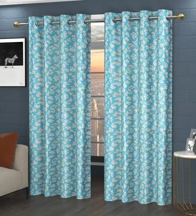 Floral Printed Curtains, Pack of 2, Aqua Blue, 5 feet