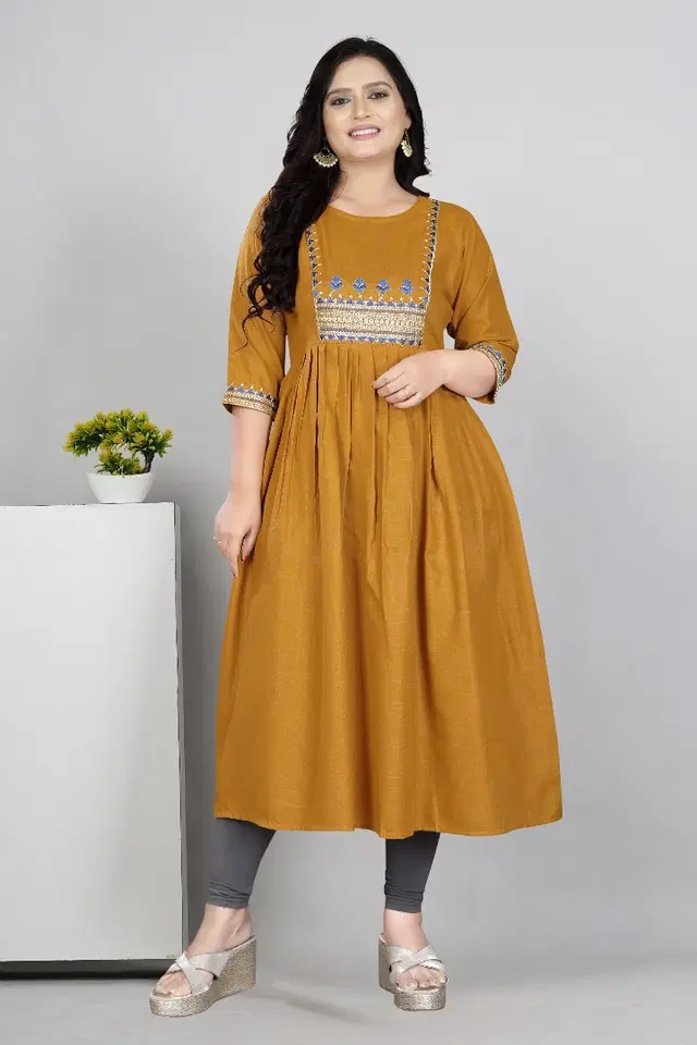 Zari Embroidered Cotton Blend Anarkali Kurti for Women (Yellow, M)