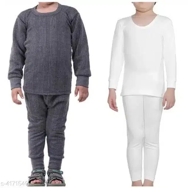 Cotton Blend Thermals Set for Kids, Set of 2 (Dark Grey & White, 1-2 Years)