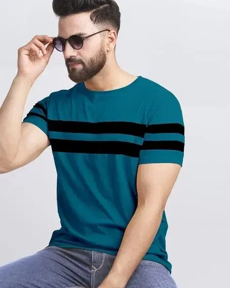 Round Neck Colorblocked T-Shirt for Men, Teal (M)