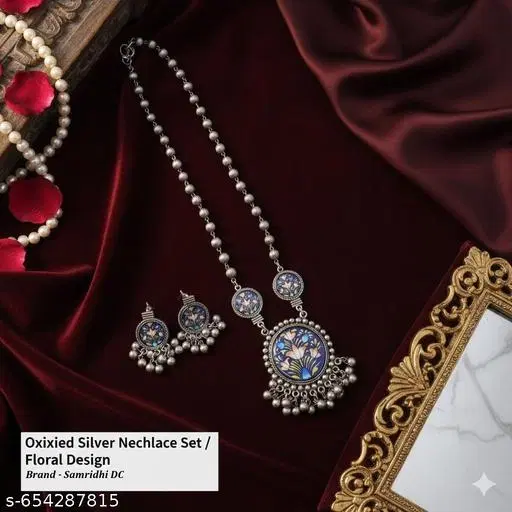 Samridhi Flower Printed Necklace set oxidised silver jewellery set