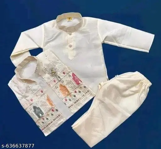 RK TRADERS Colorblocked Embroidered Cotton Kurta Set for Boys (White, 3-4 Years)