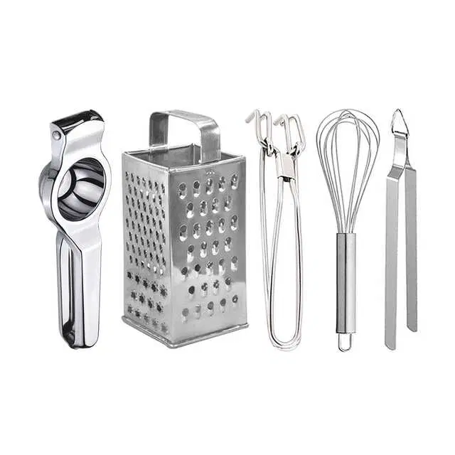 Oc9 Stainless Steel Lemon Squeezer & 4 in 1 Grater Or Slicer & Utility Pakkad & Egg Whisk & Roti Chimta Kitchen Tool Set, O-105