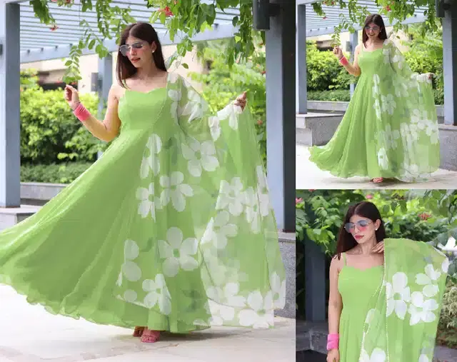 Anarkali Georgette Solid Gown with Dupatta for Women (Mint Green, S)