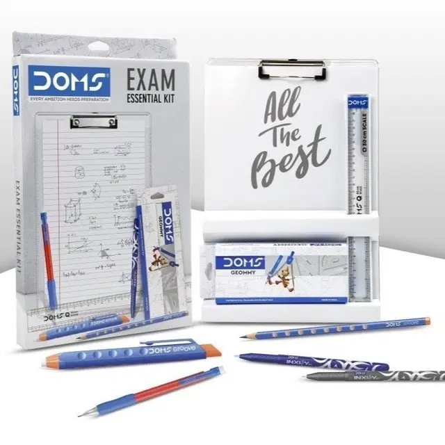 Doms Exam Essential Kit With Writing Pad, Geometry Box, Pen, Pencil, Erasers, Mechanical Pencil