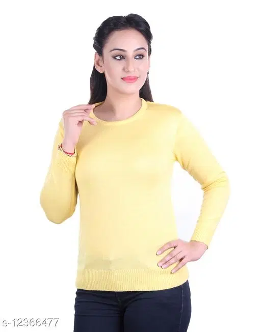 Acrylic Solid Sweater for Women (Yellow, M)