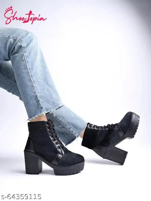 Shoetopia Solid Suede Block Boots Black (IND-6)
