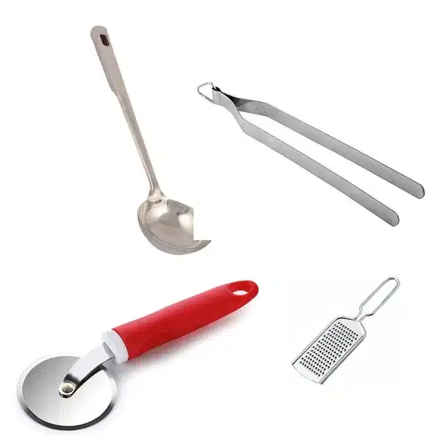 Stainless Steel Cheese Grater, Chimta, Pizza Cutter & Karachi, Combo of 4