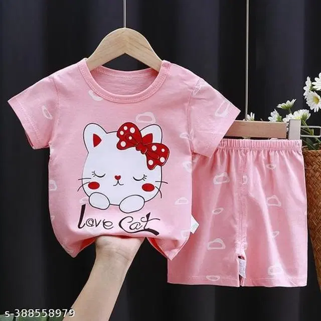 Cotton Clothing Set for Girls (Pink, 6-12 Months)