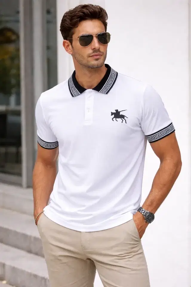 Casual Wear Polo Neck Cotton Blend T-Shirt for Men, White (L)