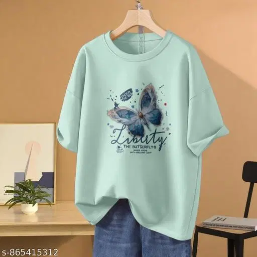 Cotton Blend Printed T-shirt for Women, Green (L)